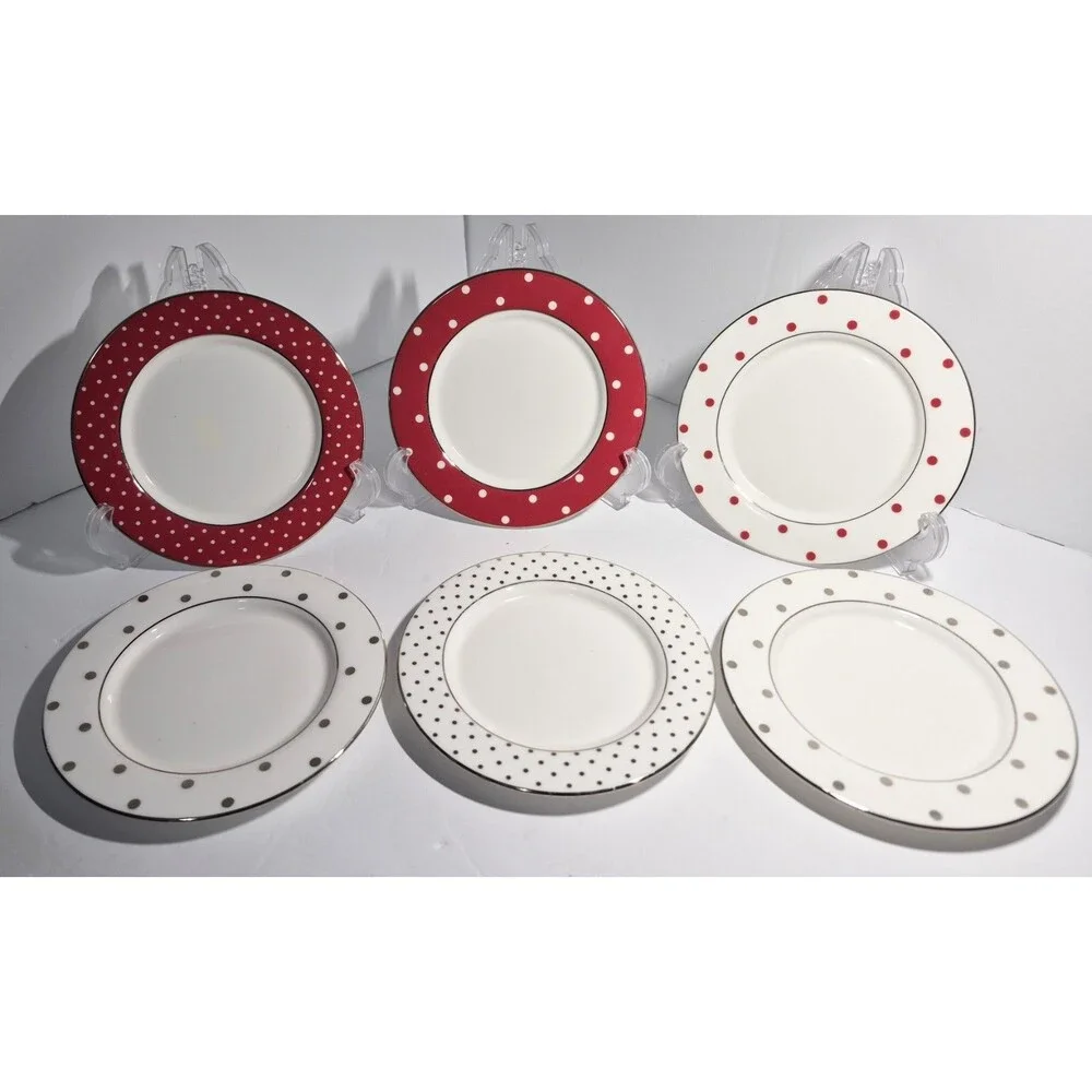 6 Kate Spade Lenox Polka Dot  3 Red And 3 Platinum  Appetizer Plates 5.75